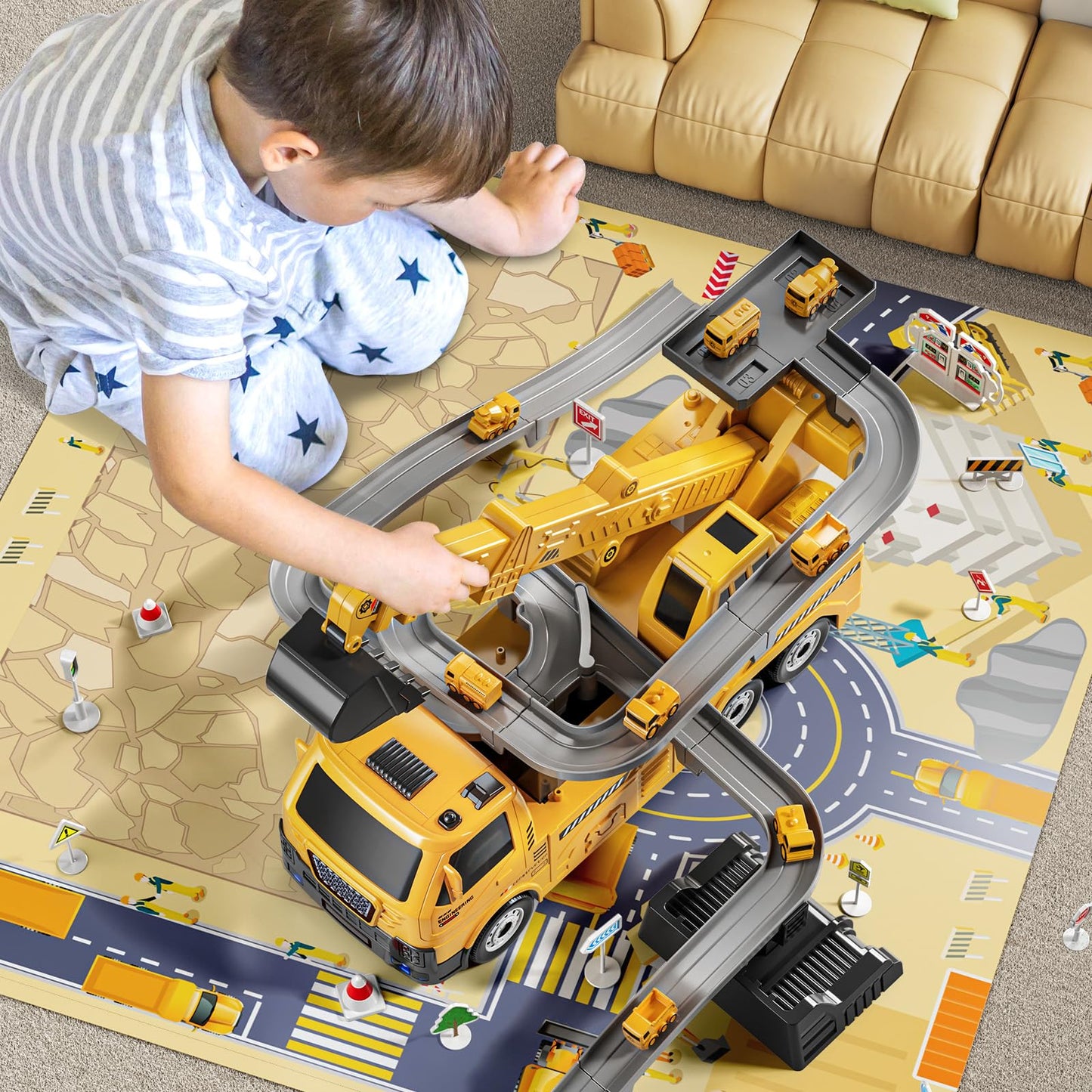 🚧👷 Engineering Crane & Construction Truck Playset with Race Tracks 👷🚧