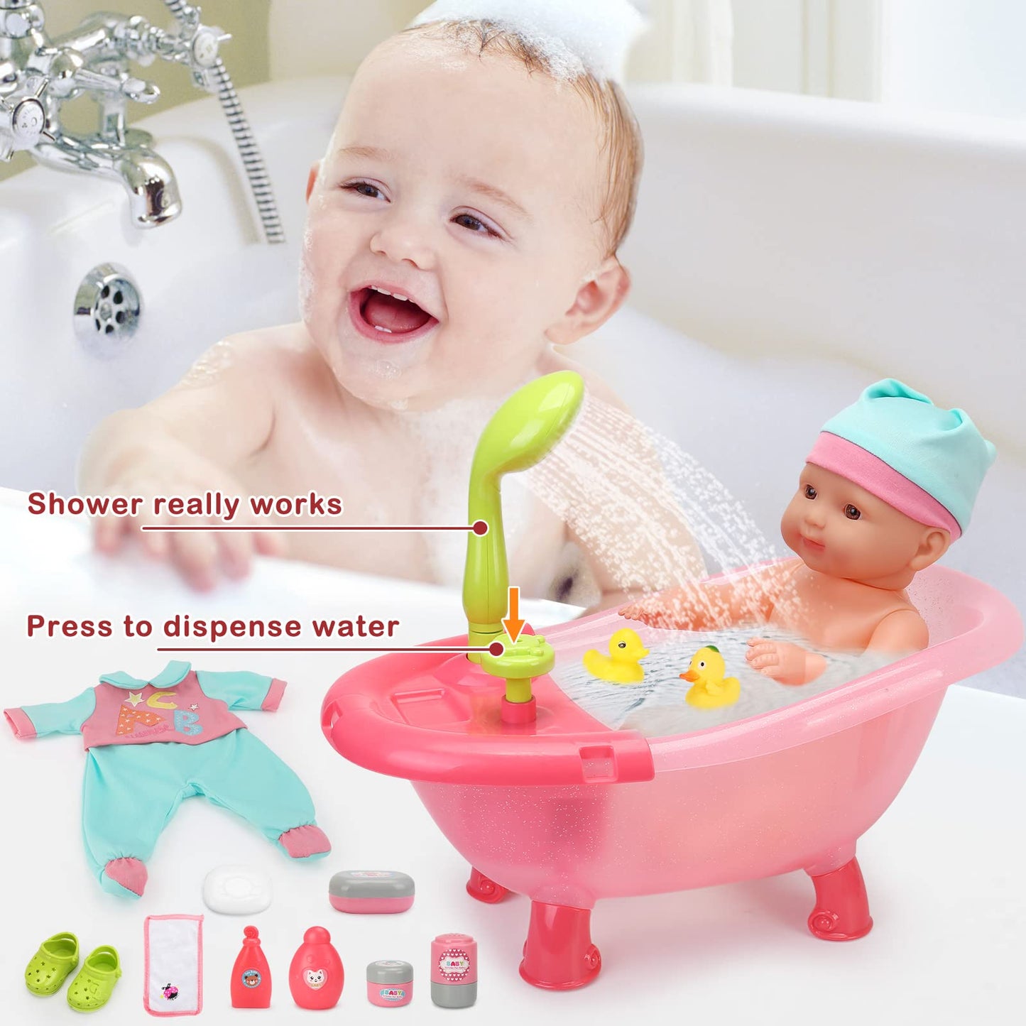 14" Baby Doll Play Set with Crib, Bath Tub, High Chair & 25 Accessories