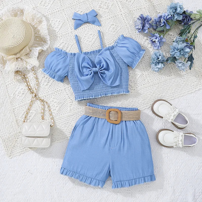 ππ§ Girls 3pc Blue Shorts Set with Matching Headband