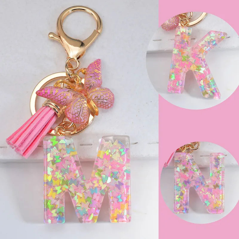 Pink Glitter Initial With Butterfly Charm Keyrings