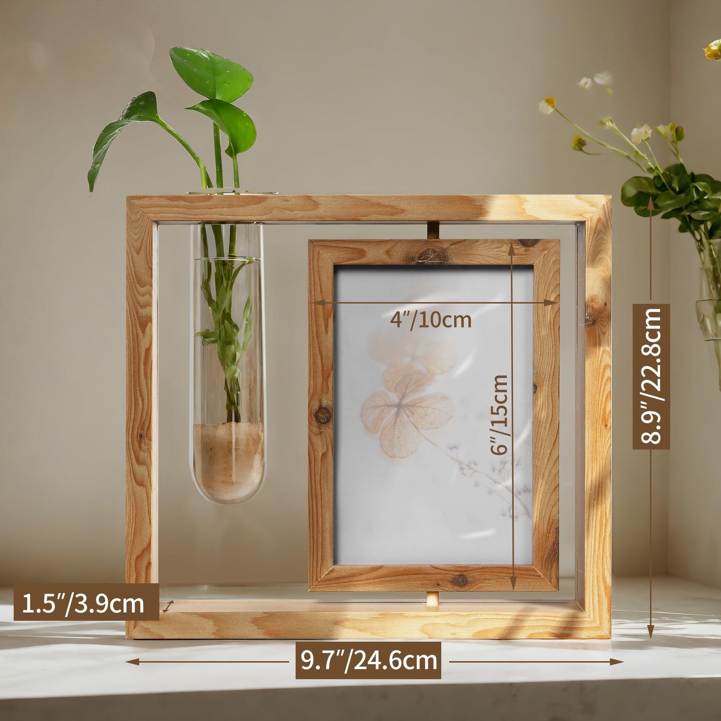 🌿📸 Rustic Wooden Rotating Double-Sided 4*6 Picture Frame with Glass Vase 📸🌿