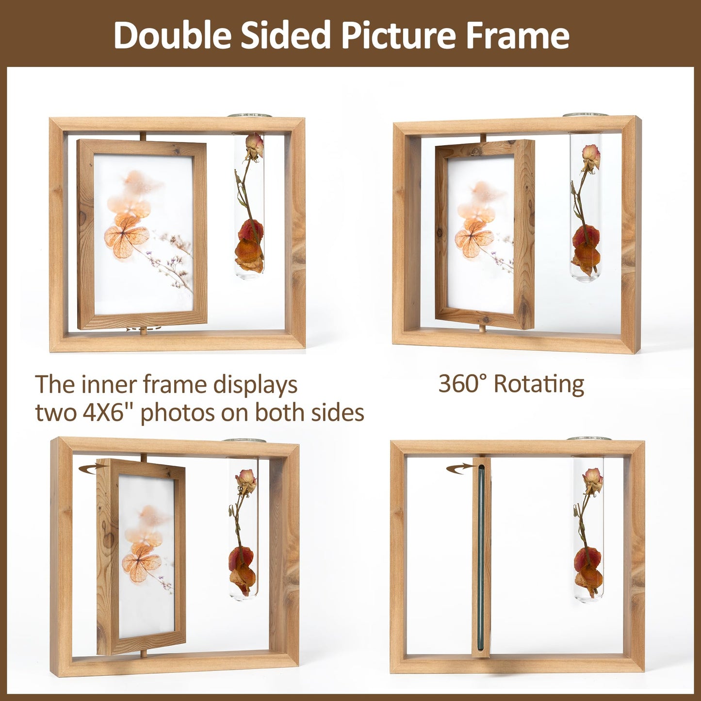 🌿📸 Rustic Wooden Rotating Double-Sided 4*6 Picture Frame with Glass Vase 📸🌿