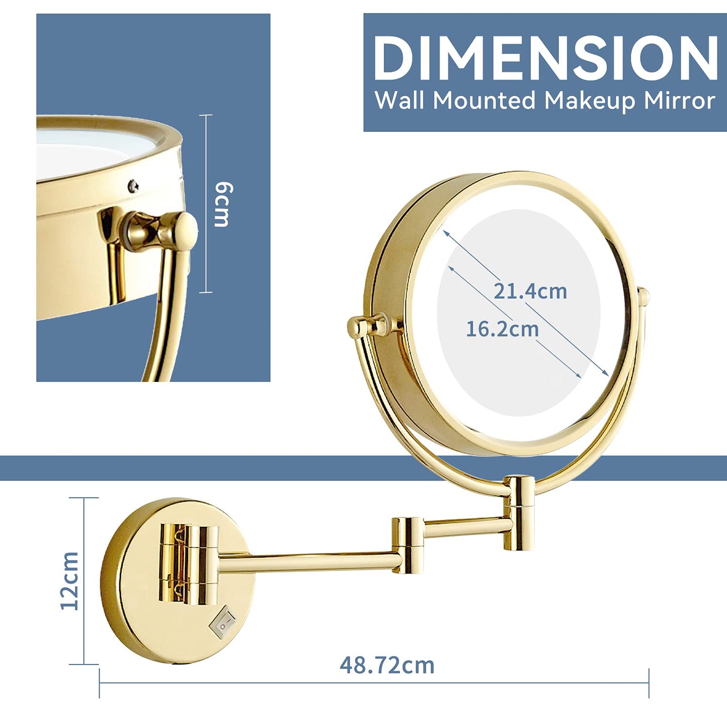 LED Wall Mounted Magnifying Makeup Mirror 360° Rotatable - Gold