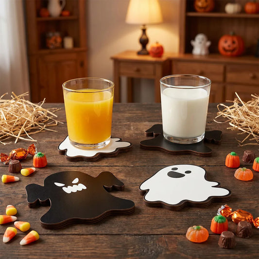 👻 4pc Black & White Ghostie Wooden Coasters 👻