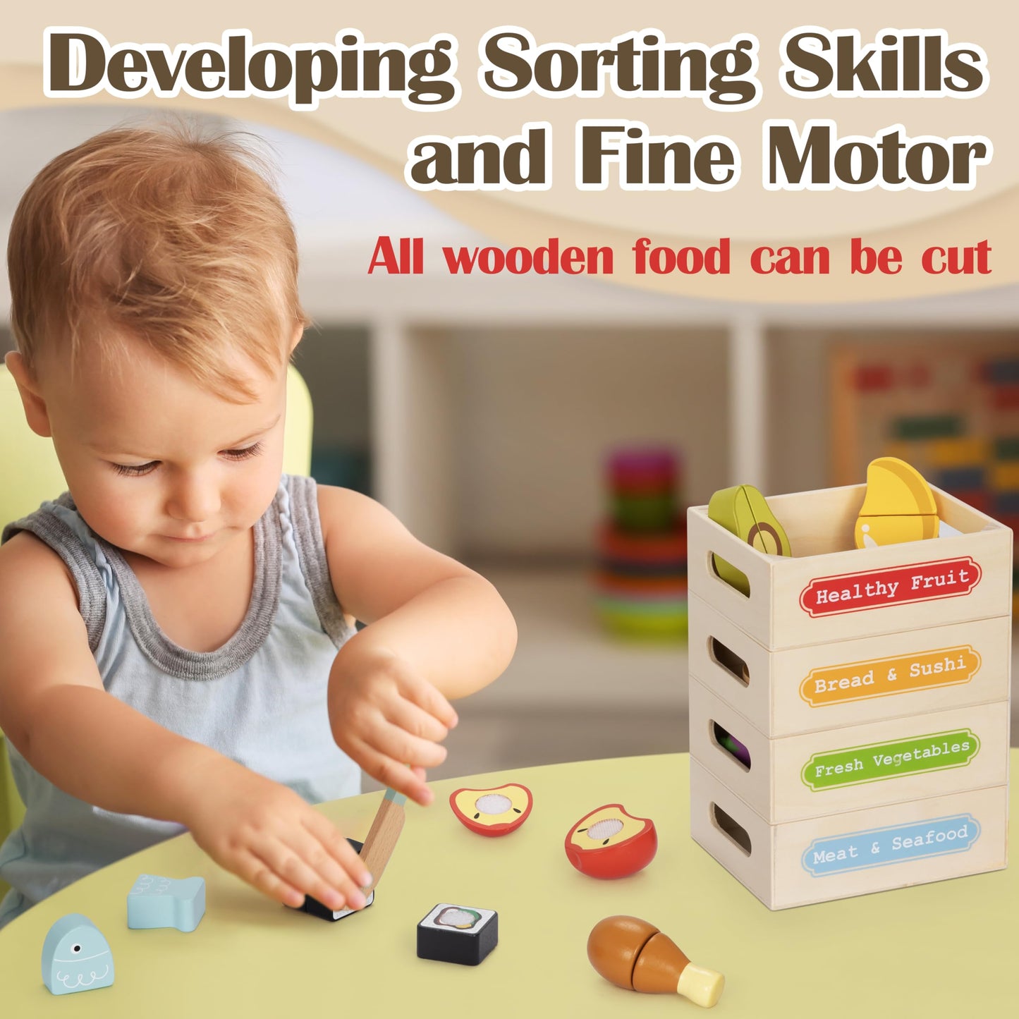๐๐ช Wooden Cutting Play Food Set โ 12 Pieces with 4 Storage Boxes ๐ช๐