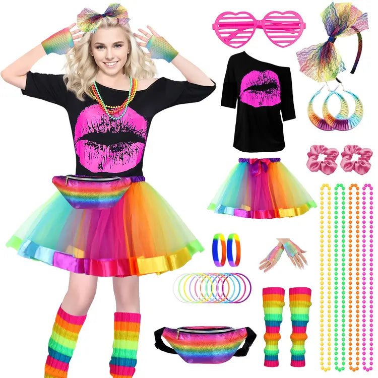 Adult 80s Fancy Dress Costume Set with Rainbow Accessories - Size L