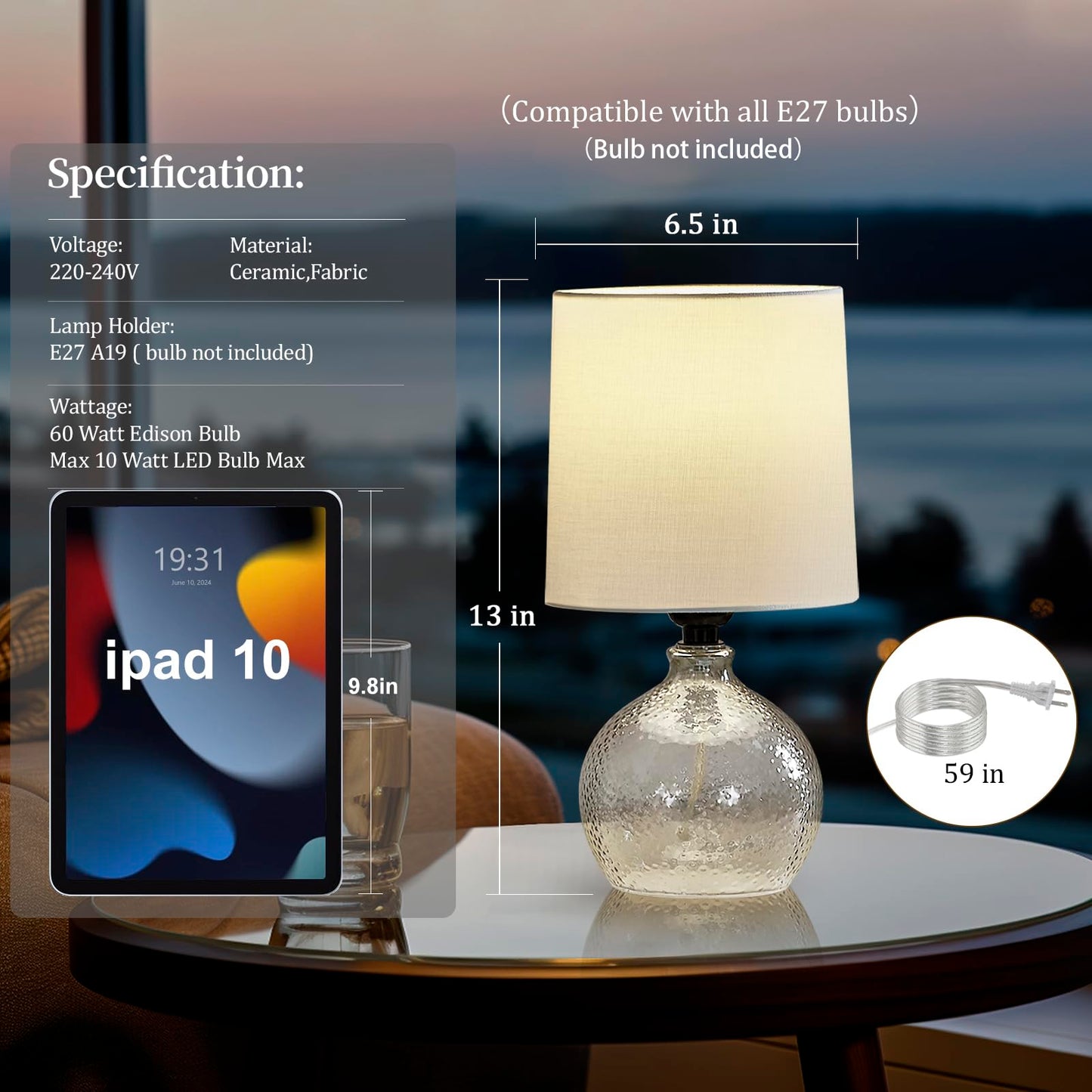 Set of 2 Glass Table Lamps with White Fabric Shades