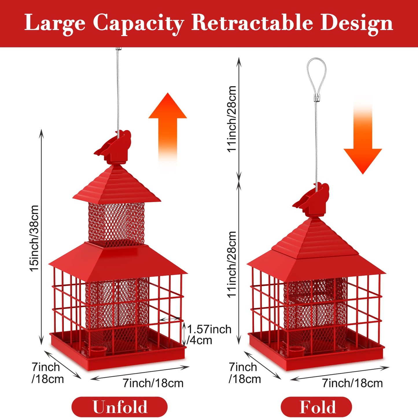 Caged Bird Feeder Squirrel-Proof Metal Tube Seed Feeder with 360° Tray for Wild Birds
