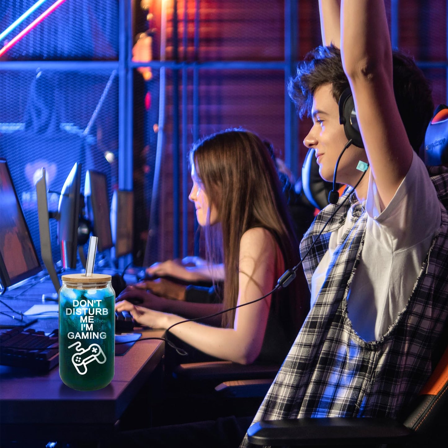 🎮 Gaming Mug with Bamboo Lid & Glass Straw Gift Set 🎮