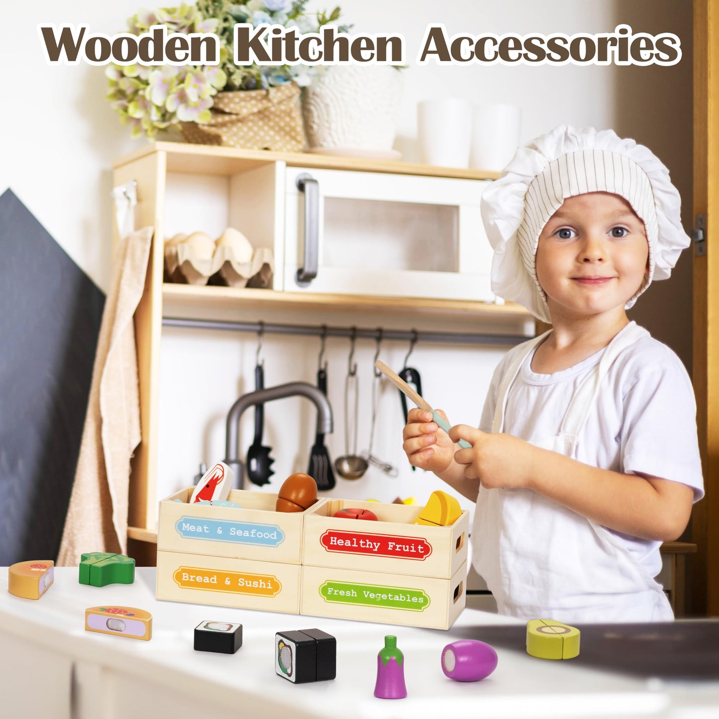 ๐๐ช Wooden Cutting Play Food Set โ 12 Pieces with 4 Storage Boxes ๐ช๐