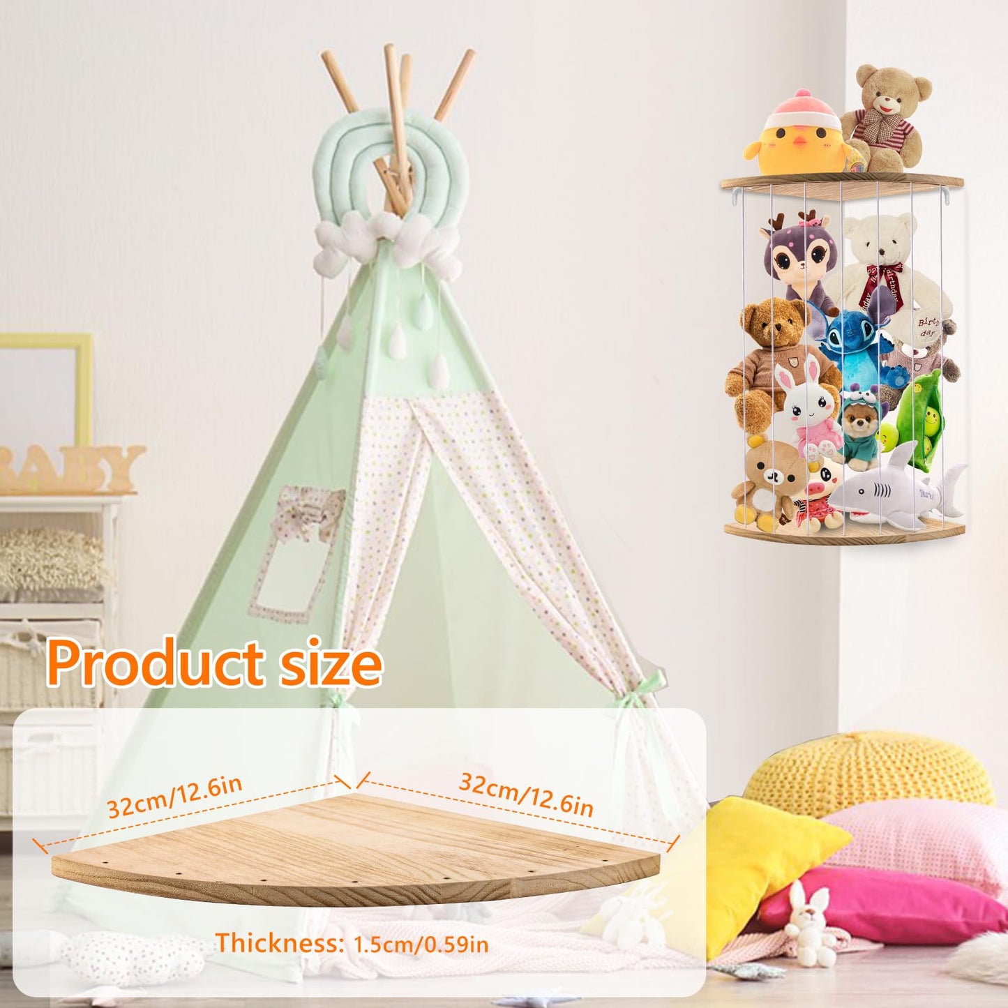 🧸🌿 Stuffed Animal Storage Wooden Corner Toy Shelf – Natural XL 🌿🧸