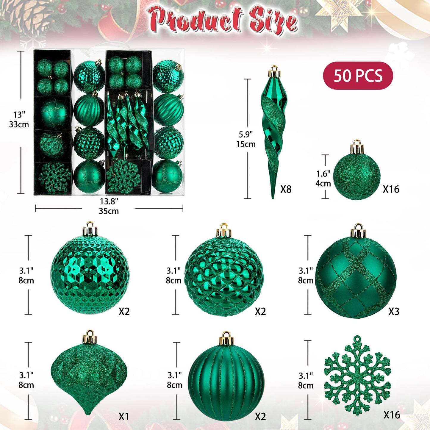 🌲 50pcs Dark Green Shatterproof Christmas Bauble Set 🌲