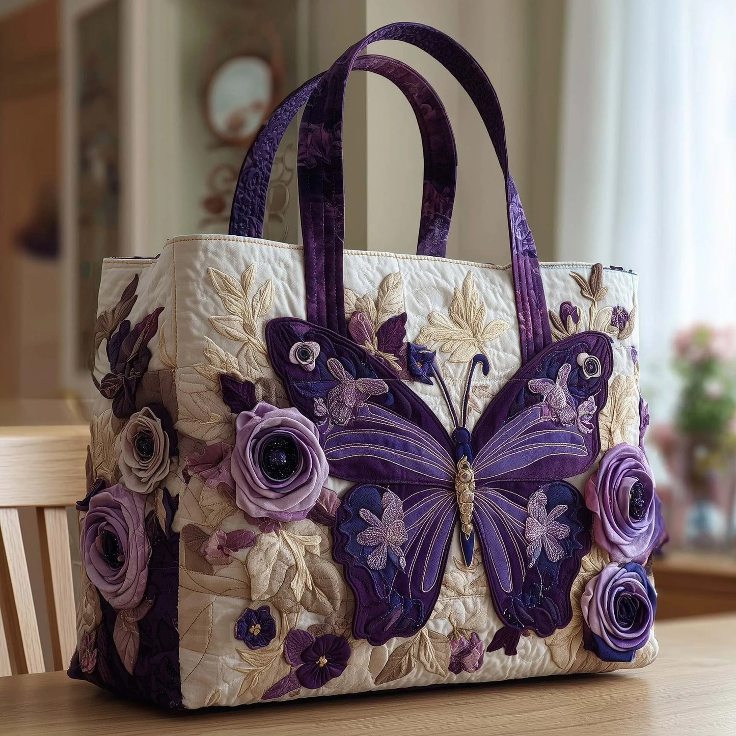 🦋💜 Purple Butterfly Design Quilted Embroidered Tote Bag - YS65|G320 💜🦋