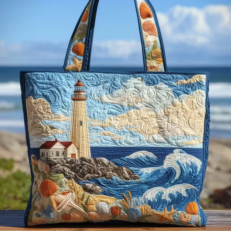 🌊 Lighthouse Scene Design Quilted Embroidered Tote Bag - 153|G320 🌊