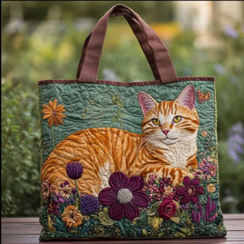 🐱 Ginger Cat Laying in Flower Bed Design Quilted Embroidered Tote Bag - 154|G320 🐱
