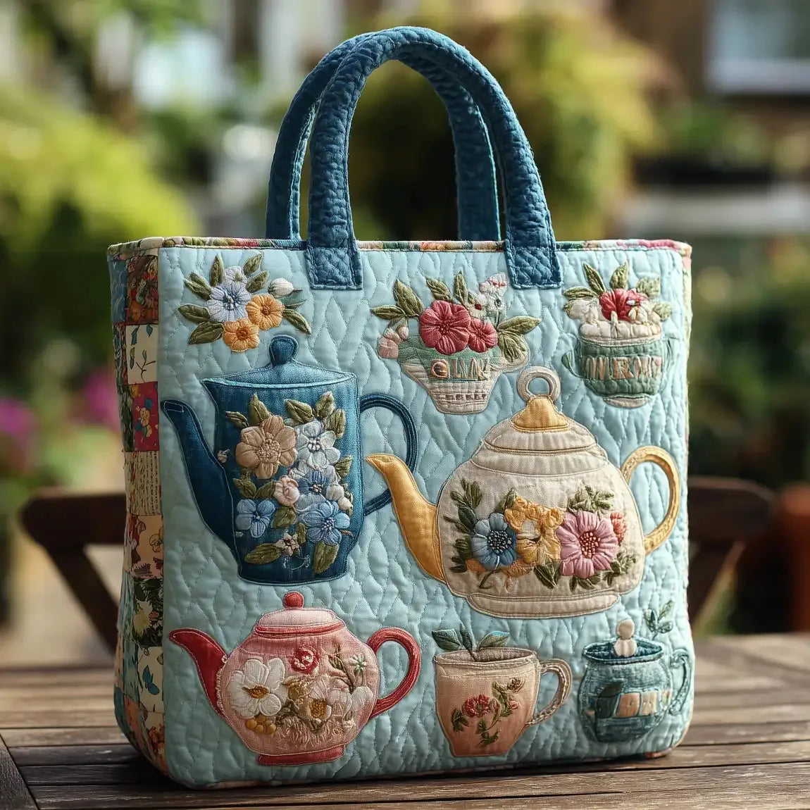 🍵 Teapots Design Quilted Embroidered Tote Bag - 145|G322 🍵