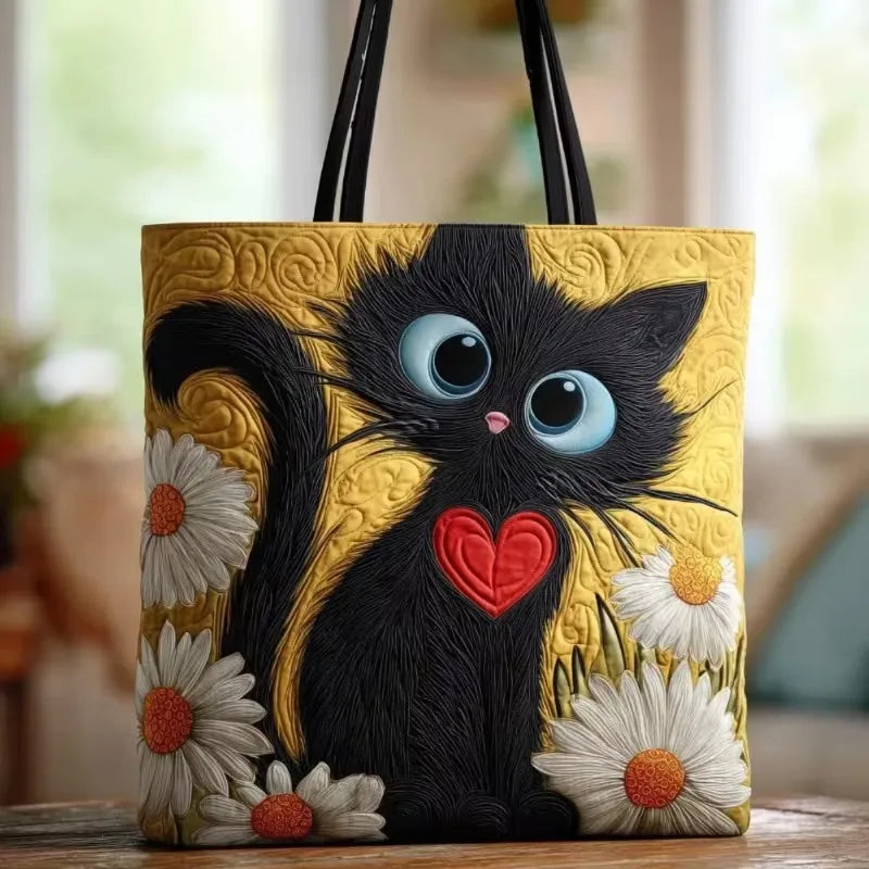 ❤️ Black Cat with Red Heart Design Quilted Embroidered Tote Bag - 148|G320 ❤️
