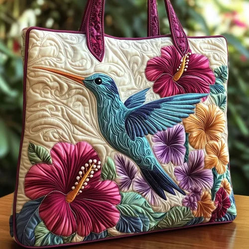 🌸 Hummingbird Design Quilted Embroidered Tote Bag - 124|G322 🌸