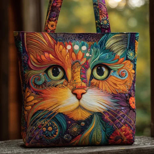 🐱 Mystical Ginger Cat Design Quilted Embroidered Tote Bag - 125|G320 🐱