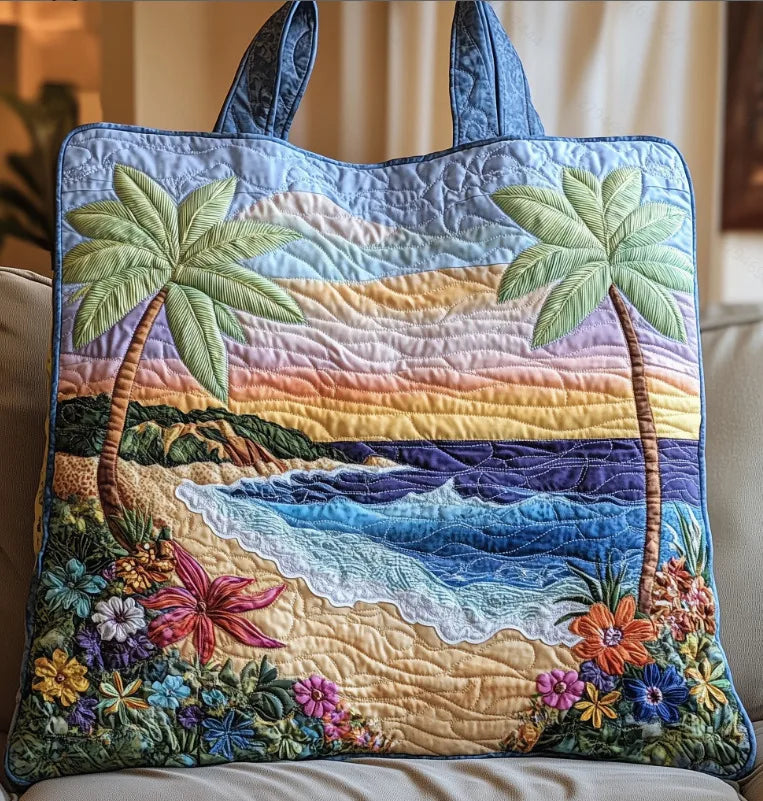 🌴 Palm Tree Beach Design Quilted Embroidered Tote Bag - YS86 🌴