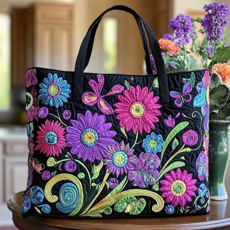 💜 Purple Flowers Design Quilted Embroidered Tote Bag - 119|G320 💜