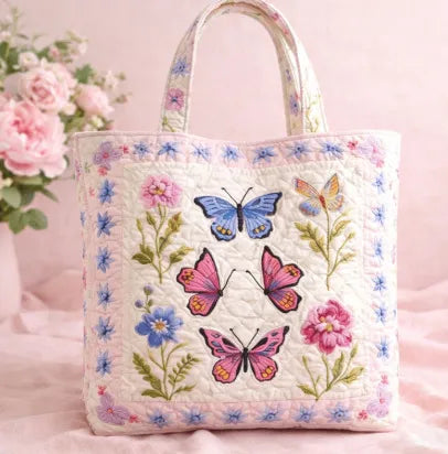 🌸🦋 Pretty Butterflies Design Quilted Embroidered Tote Bag - 104|G320 🦋🌸