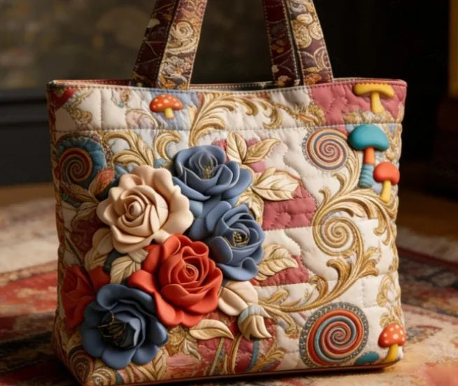 🌹🌈 Multicoloured Roses Design Quilted Embroidered Tote Bag - YS78 🌈🌹