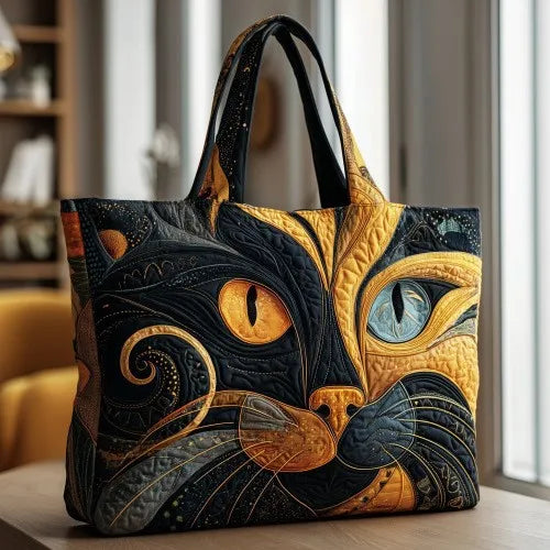 💛🖤 Yellow & Black Cat Design Quilted Embroidered Tote Bag - 129|G322 🖤💛