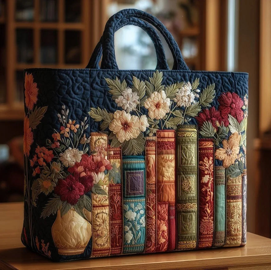 📚🌸 Books & Flowers Design Quilted Embroidered Tote Bag - 130|G320 🌸📚