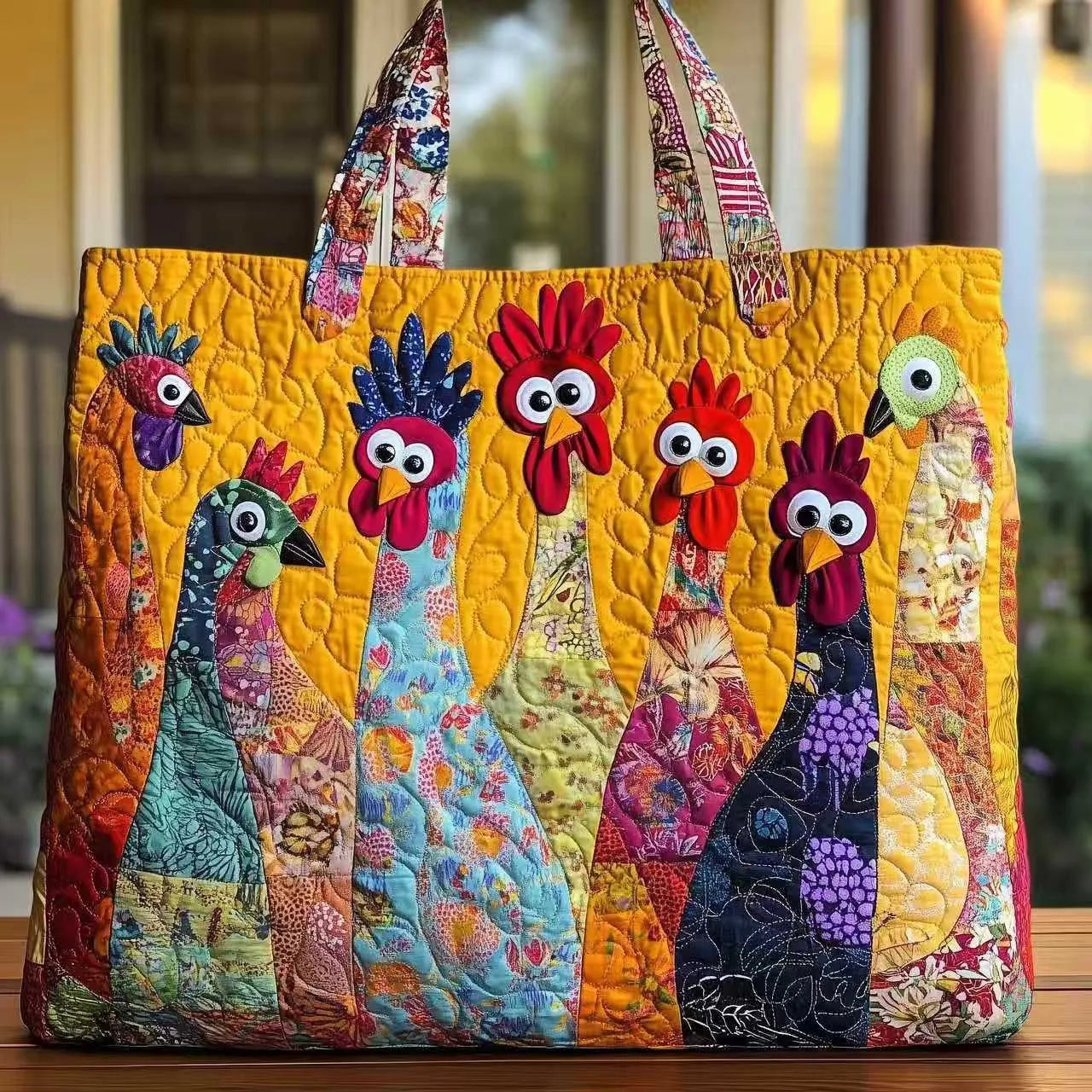 🐔 A Flock of Chickens Design Quilted Embroidered Tote Bag - 128|G322 🐔