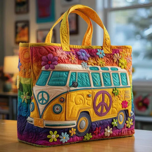🚐💛 Yellow Campervan VW Design Quilted Embroidered Tote Bag - 132|G321 💛🚐