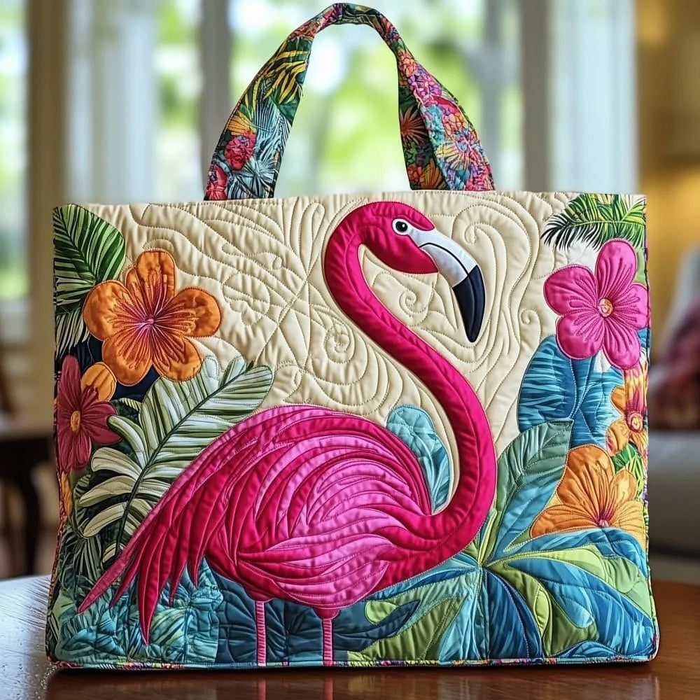 🦩 Flamingo Design Quilted Embroidered Tote Bag - 131|G320 🦩