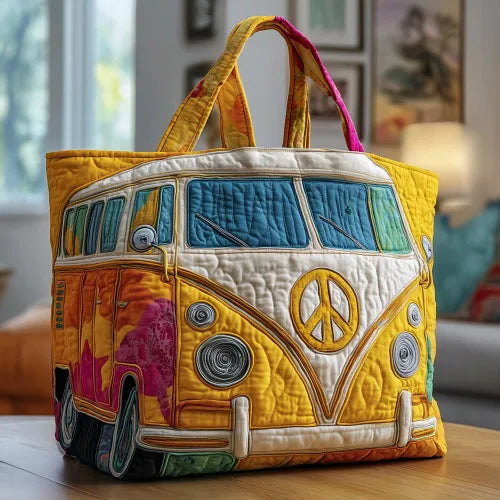 🚐💛 Yellow Campervan VW Design Quilted Embroidered Tote Bag - 137|G320 💛🚐