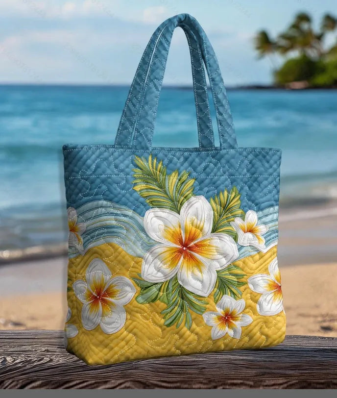 🌺 Tropical Flower Design Quilted Embroidered Tote Bag - YS77 🌺