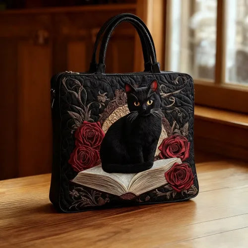 🐈📖 Black Cat on Spellbook Witches Familiar Design Quilted Embroidered Tote Bag - 110|G320 🐈📖