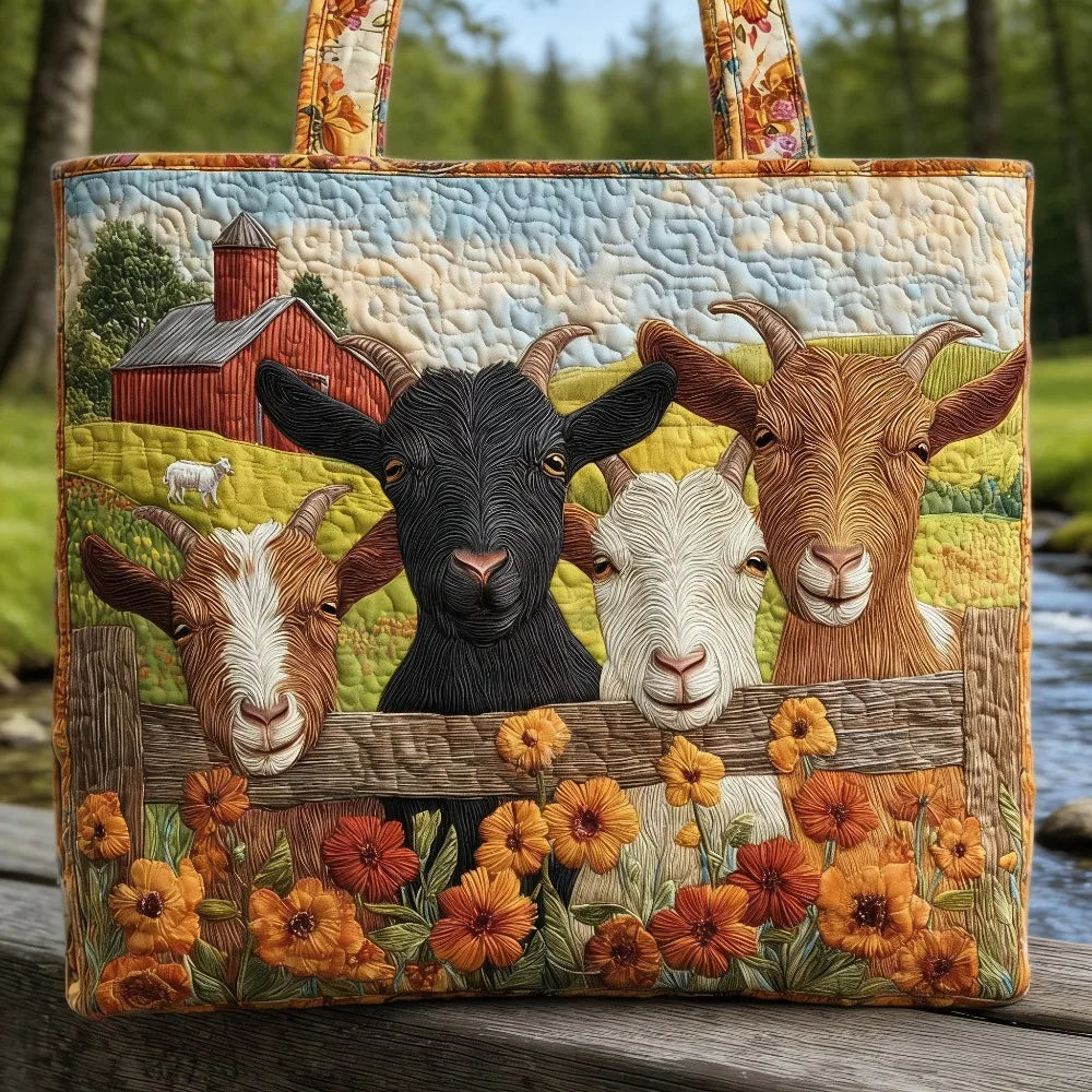 🐐 A Trip of Goats Design Quilted Embroidered Tote Bag - 123|G322 🐐