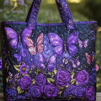 🦋💜 Purple Butterflies & Purple Roses Design Quilted Embroidered Tote Bag - YS84 💜🦋
