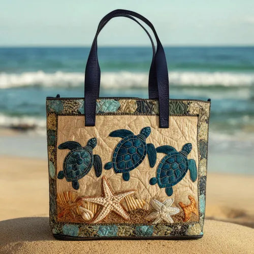🐢💙 Blue Turtles Beach Design Quilted Embroidered Tote Bag - 111|G321 💙🐢