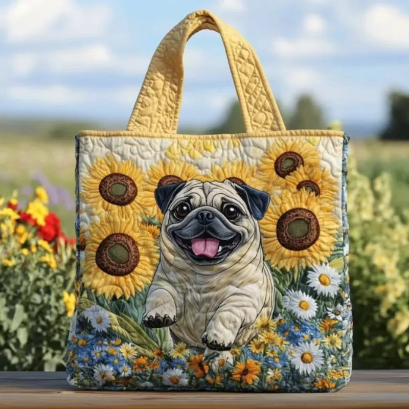 🐶🌻 Sunflower Field Pug Design Quilted Embroidered Tote Bag - 114|G320 🌻🐶
