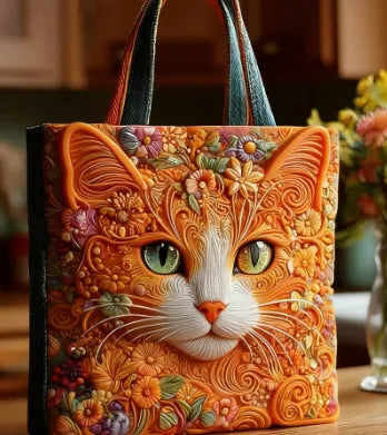 🐱 Ginger Cat Design Quilted Embroidered Tote Bag - YS89 🐱
