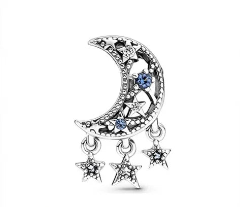 🌙 Silver & Blue Diamante Moon with Dangly Stars Charm 🌙