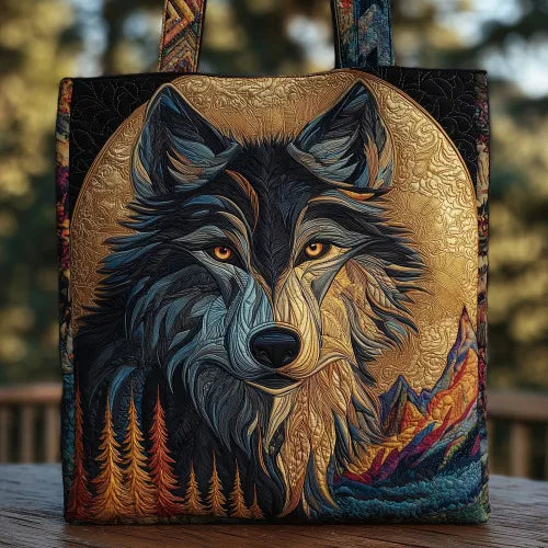 🐺🌕 Wolf Full Moon Design Quilted Embroidered Tote Bag - 108|G322 🌕🐺