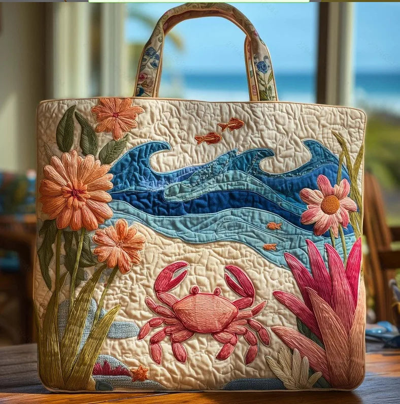 🦀 Crab & Beach Scene Design Quilted Embroidered Tote Bag - 122|G321 🦀