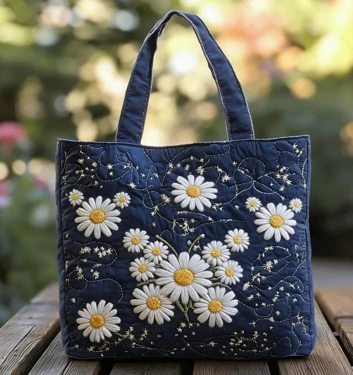 🌼💙 Navy Blue with Daisies Design Quilted Embroidered Tote Bag - YS81 💙🌼