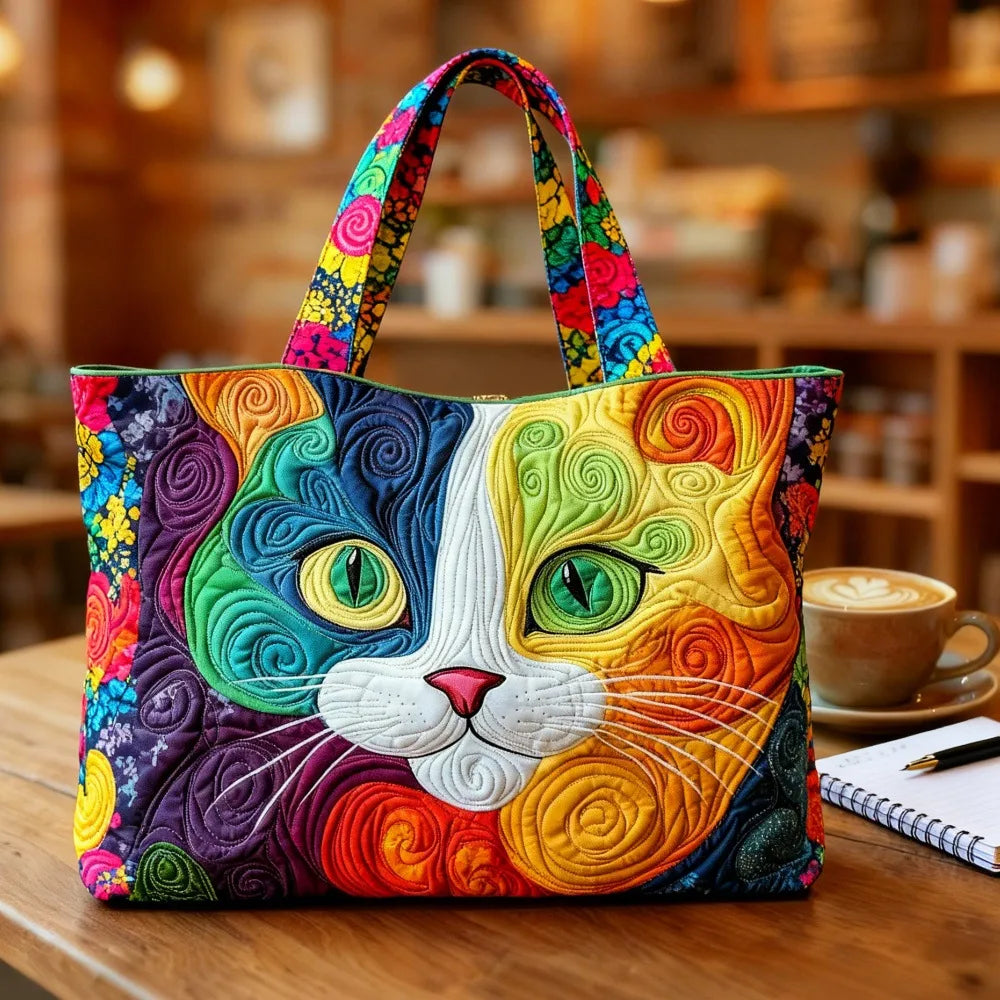 🐱🌈 Rainbow Cat Design Quilted Embroidered Tote Bag - 118|G322 🌈🐱