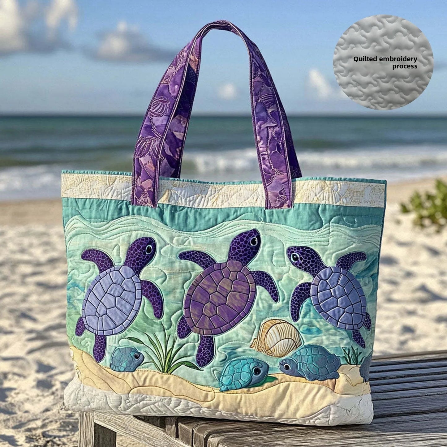 🐢💜 Purple Turtles in the Sea Design Quilted Embroidered Tote Bag - YS90 💜🐢
