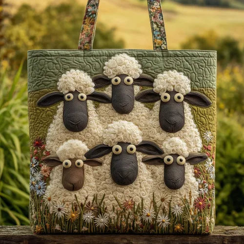 🐑 Flock of Fluffy Sheep Design Quilted Embroidered Tote Bag - 107|G320 🐑
