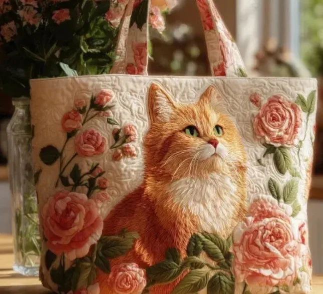 🐱🌸 Pretty Ginger Kitty Pink Flowers Design Quilted Embroidered Tote Bag - YS56|G322 🌸🐱