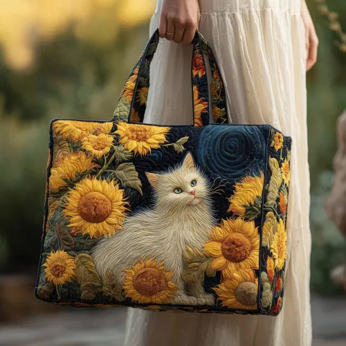 🌻 White Cat in Sunflowers Design Quilted Embroidered Tote Bag - 138|G320 🌻