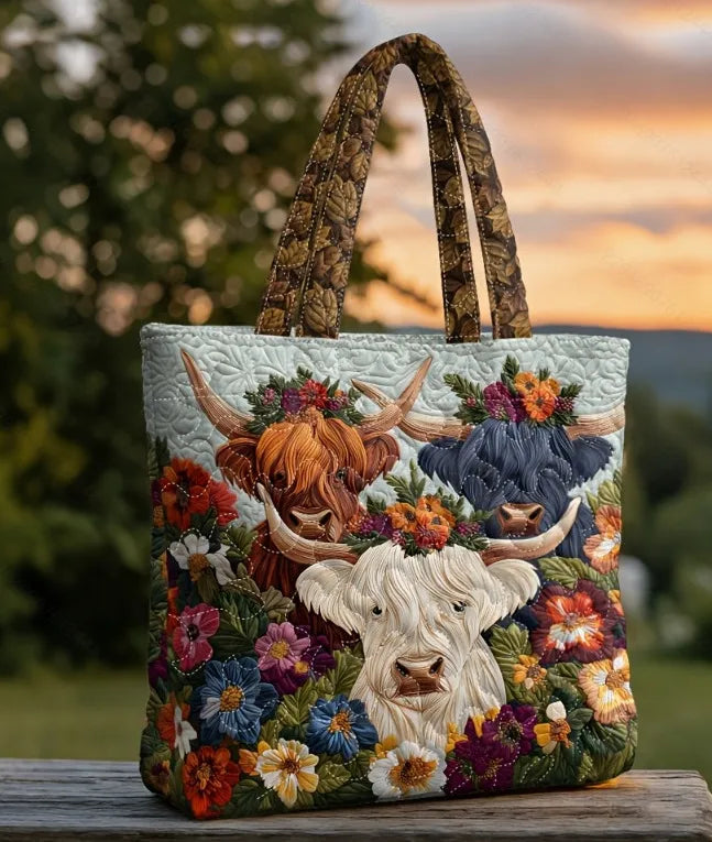 🐮 Highland Cow Design Quilted Embroidered Tote Bag - YS88 🐮